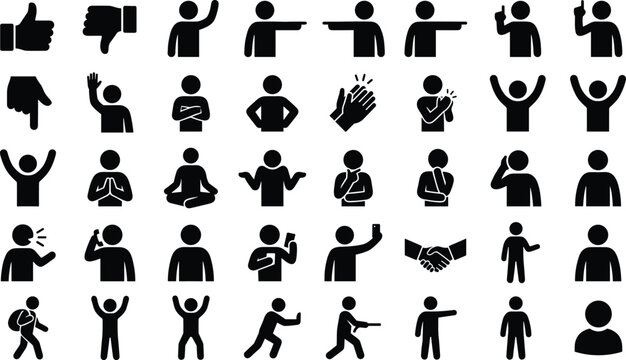 Vector icons set of human hand gestures and various daily postures in a simple flat black solid design