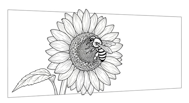 Close-up line art illustration of a bee on a sunflower, isolated on white background