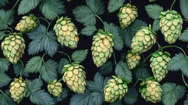 Lush green hop cones and textured vine leaves on a dark background, serene botanical pattern evoking freshness and calm