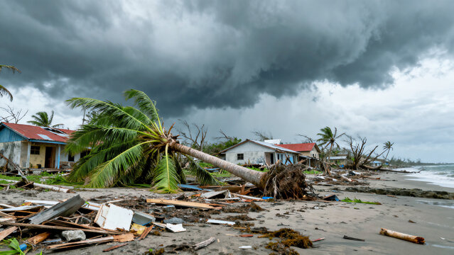 Storm Damage Aftermath in a Coastal Village Showing Extreme Destruction