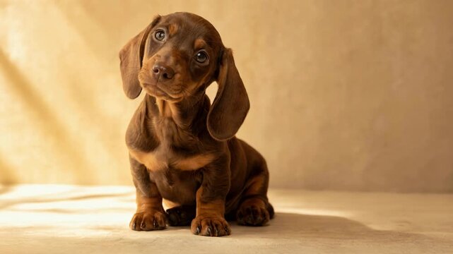 brown dachshund puppy sitting on soft surface with natural light