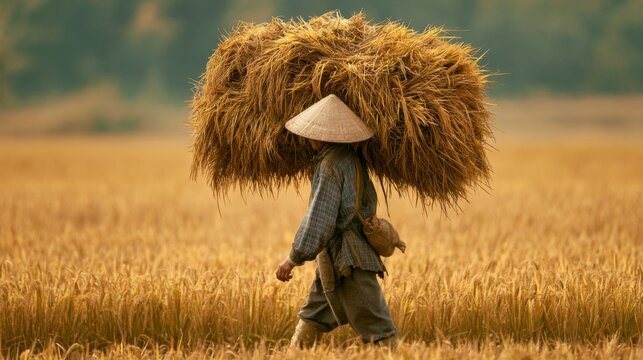 Farmer Carrying Harvested Rice Bundles in Golden Field During Sunset, Traditional Agriculture Scene in Rural Landscape