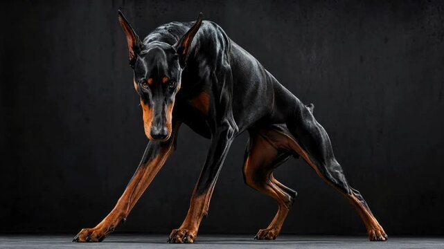 doberman dog posing in studio with dramatic lighting for pet photography