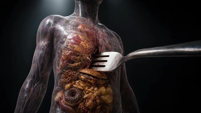 Human anatomy with fork revealing unhealthy food inside body for health awareness