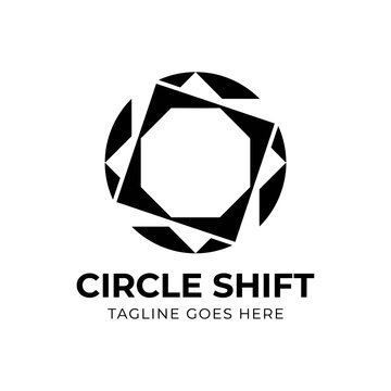 Abstract geometric circular logo with interlocking black shapes.