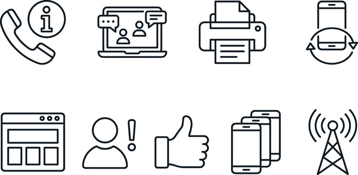 Thin line web communication icons including phone internet printer mobile devices and social media signs.