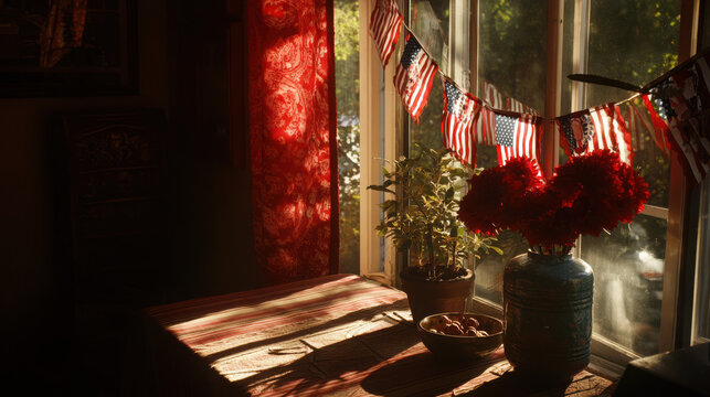 American flag bunting hangs in a sunny window above a vase of red flowers on a wooden table.