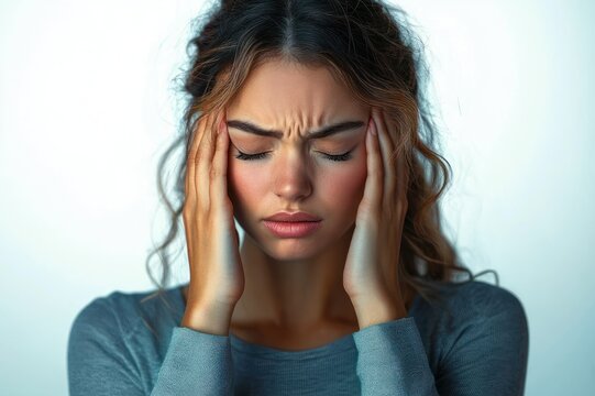 woman with pixelated face holding her head with hands, wavy brown hair and gray long-sleeve top, appearing anxious and overwhelmed