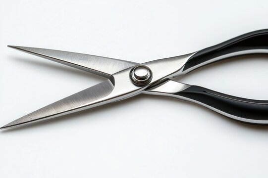 close-up stainless steel scissors with black ergonomic handles on a white background conveying precision and sharpness