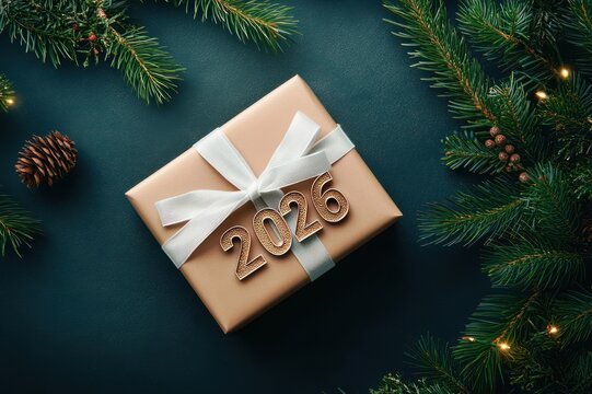 gold wrapped gift with white ribbon and metallic 2025 numbers surrounded by fir branches, pinecone and warm fairy lights, festive hopeful mood