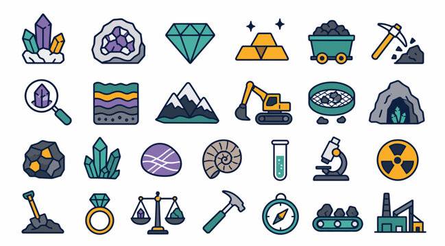 Colorful Flat Design Mining and Geology Icons Set.