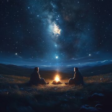 Two cloaked figures sit by a small campfire on a grassy hill beneath a brilliant milky way and star-filled night sky, sharing a quiet, contemplative moment of awe