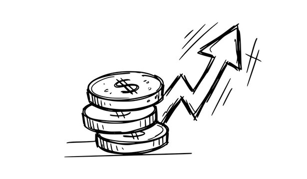 Business revenue growth doodle vector icon featuring financial coin stack and upward profit progress chart arrow sketch