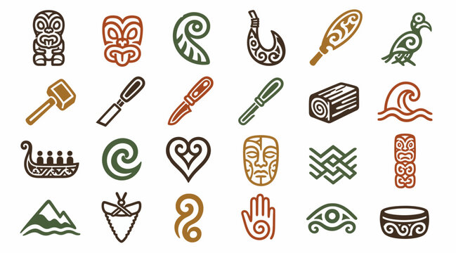 Collection of Maori and Polynesian cultural symbols and icons.