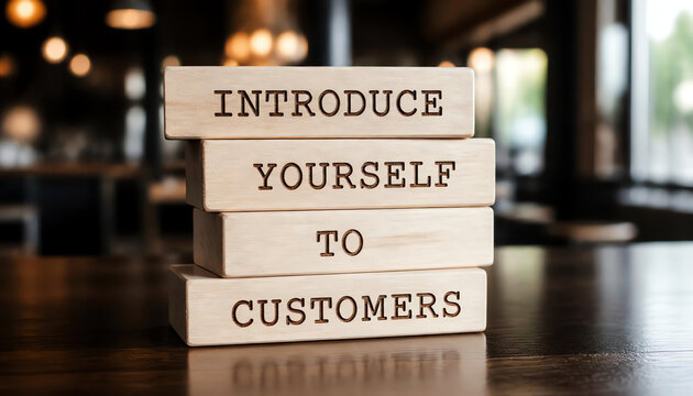 Wooden blocks with words 'INTRODUCE YOURSELF TO CUSTOMERS'. Business concept 