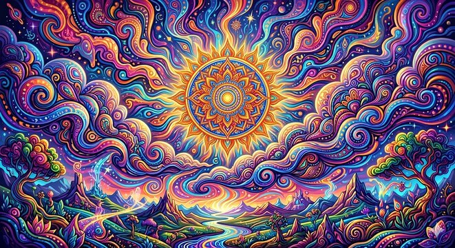 Psychedelic mandala sun over surreal cosmic landscape illustration