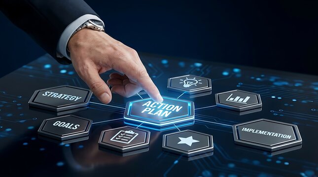 Businessman's finger selects action plan on digital interface with strategy and implementation icons