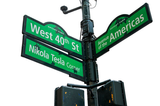 Street sign, Nikola Tesla Corner in New York City. Transparent background.