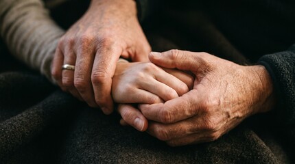 Fototapeta premium Close up of an elderly person's hands gently holding a child's hands showing love and connection