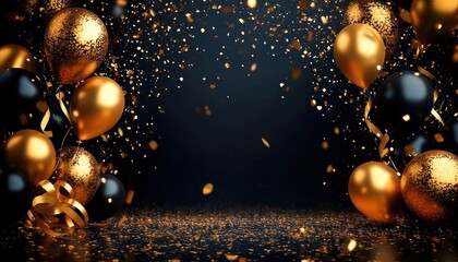 Obraz premium black and gold celebration scene with balloons, glittering confetti and curling ribbons conveying festive excitement