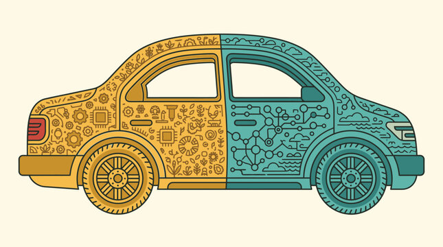 Illustration vectorielle d'une voiture divis&eacute;e en deux parties contrast&eacute;es, m&ecirc;lant des motifs organiques et naturels &agrave; gauche et des circuits technologiques num&eacute;riques &agrave; droite.