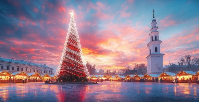 Giant illuminated holiday tree in a snowy town square with glowing wooden market stalls and a white bell tower at sunset, festive and magical atmosphere