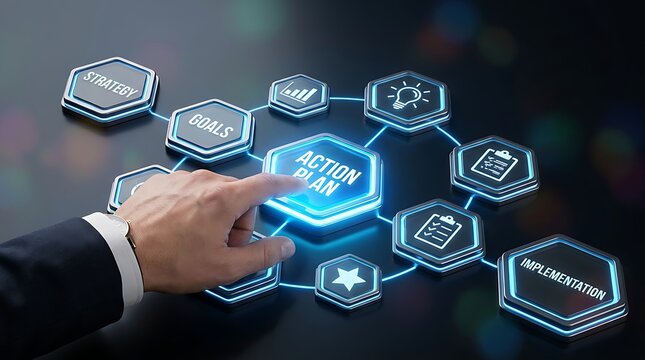 Businessman's hand touches glowing action plan hexagon, visualizing strategy and goals