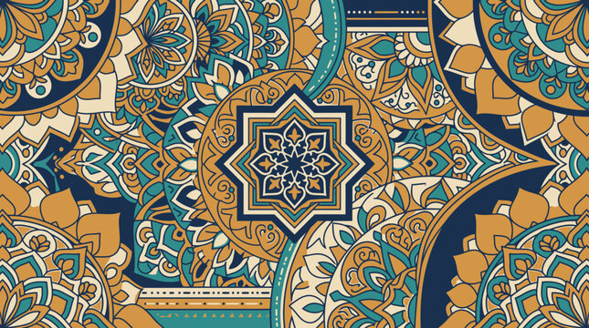 Un motif r&eacute;p&eacute;titif &eacute;l&eacute;gant avec des mandalas complexes dans des tons bleu marine, ocre et turquoise, id&eacute;al pour des arri&egrave;re-plans d&eacute;coratifs, du textile ou des projets de design graphique.
