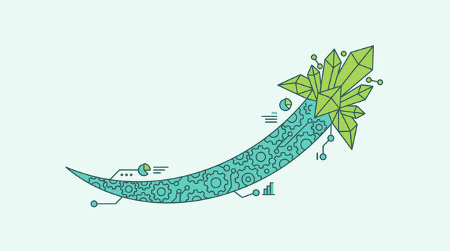 Illustration vectorielle d'une fl&egrave;che ascendante compos&eacute;e d'engrenages m&eacute;caniques et de cristaux verts symbolisant la croissance technologique et le d&eacute;veloppement &eacute;conomique