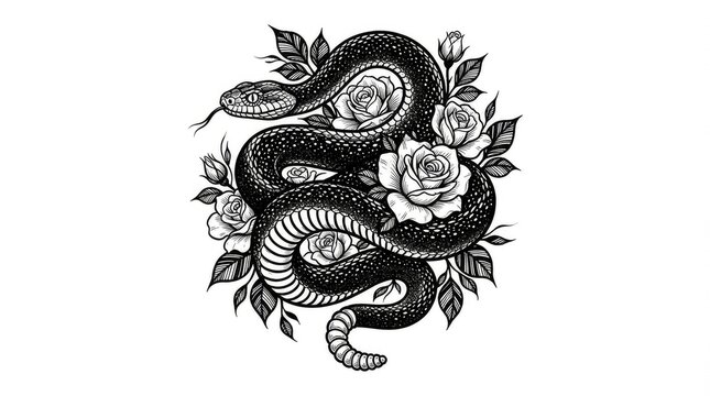 Intricate black serpent entwined with elegant white roses. Detailed hand-drawn illustration in vintage tattoo engraving style.