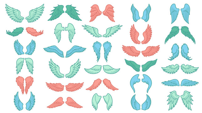 Ensemble d'illustrations vectorielles d'ailes d'ange et de f&eacute;e dans des styles vari&eacute;s, aux couleurs pastel bleu, vert et rose, isol&eacute;es sur un fond blanc pour des projets cr&eacute;atifs.