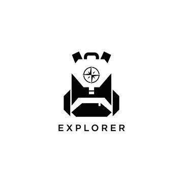 Black backpack logo with compass and word explorer, travel and adventure symbol
