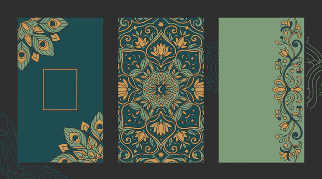Ensemble de trois cartes de v&oelig;ux &eacute;l&eacute;gantes avec des motifs ornementaux de mandala, des d&eacute;tails de plumes de paon et des bordures florales dor&eacute;es sur des fonds vert sarcelle et sauge.