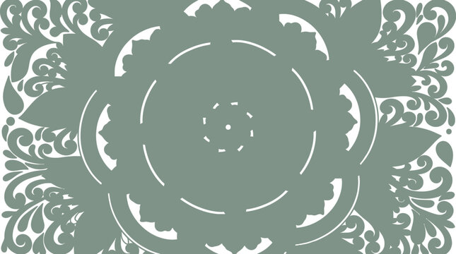 Motif floral ornemental &eacute;l&eacute;gant avec des d&eacute;tails complexes en forme de fleur centrale sur un fond vert sauge doux, id&eacute;al pour des designs d&eacute;coratifs et des arri&egrave;re-plans artistiques.