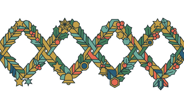 Bordure d&eacute;corative de No&euml;l avec un motif entrelac&eacute; de branches de sapin, de houx, d'&eacute;toiles et de cloches dans un style graphique plat et color&eacute; sur fond blanc.