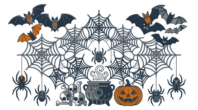 Illustration vectorielle d&eacute;corative pour Halloween avec des chauves-souris, des toiles d'araign&eacute;es, des araign&eacute;es, des cr&acirc;nes, une citrouille sculpt&eacute;e et un chaudron fumant sur fond blanc