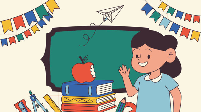 Illustration vectorielle d'une &eacute;coli&egrave;re souriante faisant un signe de la main devant un tableau noir avec des livres, une pomme et des fournitures scolaires pour la rentr&eacute;e des classes
