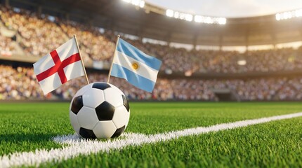 Fototapeta premium Soccer Ball on Green Grass Field with Small Flags of England and Argentina in Stadium Arena Background