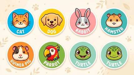 Fototapeta premium Cute cartoon animal icons for childrens apps and educational materials. Colorful digital illustrations of pets and zoo animals for kids' projects.