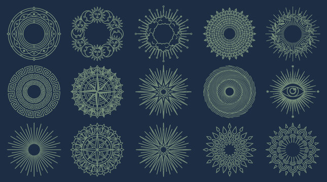 Ensemble de motifs circulaires ornementaux et mandalas g&eacute;om&eacute;triques complexes isol&eacute;s sur un fond bleu fonc&eacute;, parfaits pour des designs graphiques &eacute;l&eacute;gants et des &eacute;l&eacute;ments d&eacute;coratifs.