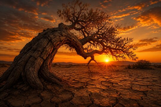 An old gnarled tree with cracked bark bending over parched earth.