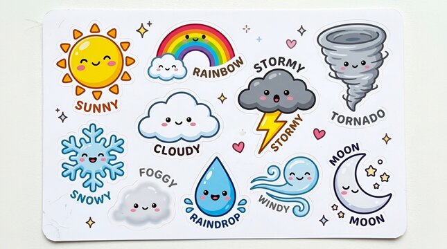 Colorful weather icons and symbols for forecast and climate analysis. Weather symbols representing sun, rain, clouds, tornado, and moon. Educationa...