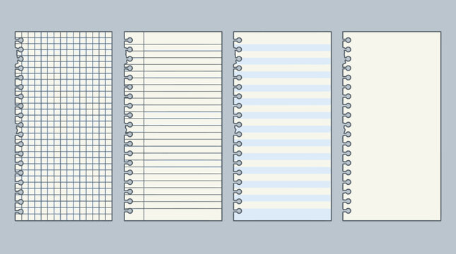 Ensemble de quatre feuilles de papier &agrave; spirales avec diff&eacute;rents styles de r&eacute;glures incluant quadrill&eacute;, lign&eacute;, pointill&eacute; et vierge pour la prise de notes et l'organisation scolaire.