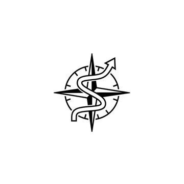 Compass Rose with Winding Arrow Symbolizing Direction, Journey, and Navigation