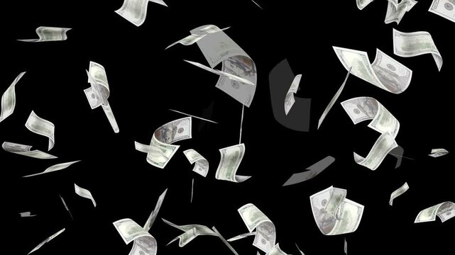 Money Falling - Dollar bills falling down from the sky.Money falling dollar banknotes on a transparent background.US dollar banknotes flying in super slow motion against black background.