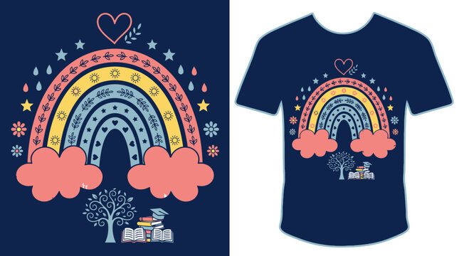 Design graphique vectoriel avec un arc-en-ciel boh&egrave;me, des nuages roses, un arbre et des livres, id&eacute;al pour une impression sur t-shirt pour enfants ou des projets cr&eacute;atifs.