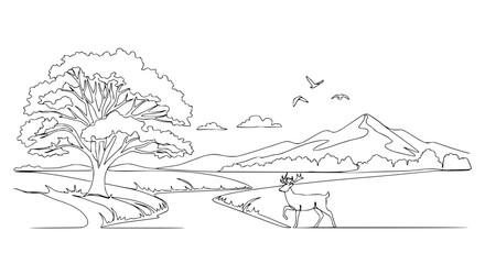 Fototapeta premium Serene Landscape Drawing: Majestic Tree, River, Deer, Mountains, and Birds