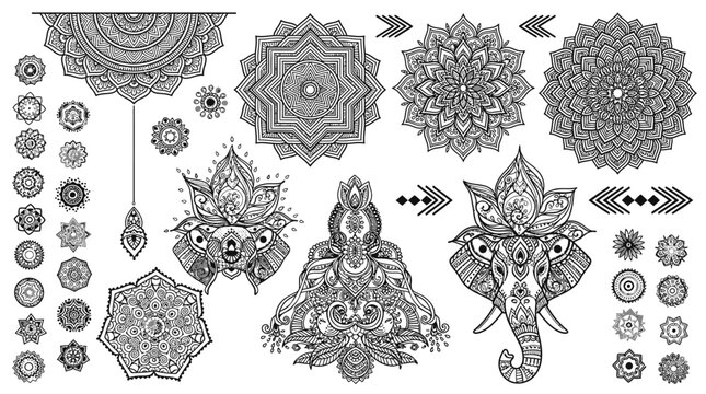 Ensemble d'&eacute;l&eacute;ments graphiques de style mandala et t&ecirc;te d'&eacute;l&eacute;phant ornementale avec des motifs complexes en noir et blanc pour des projets de design cr&eacute;atif et de coloriage