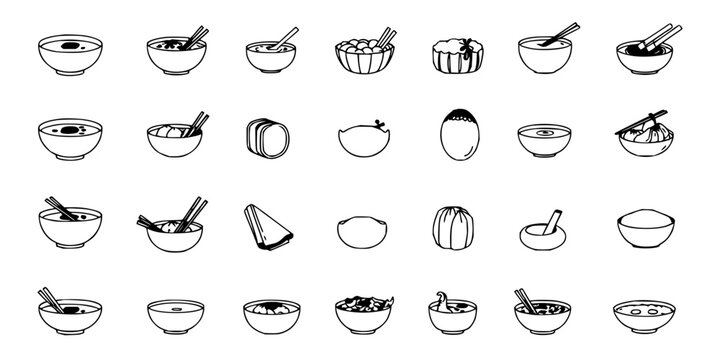 Asian dishes set with 24 simple black-and-white line drawings arranged in a 6x4 grid featuring sushi, dumplings, noodles, rice, soup with minimalist illustration and vector graphics
