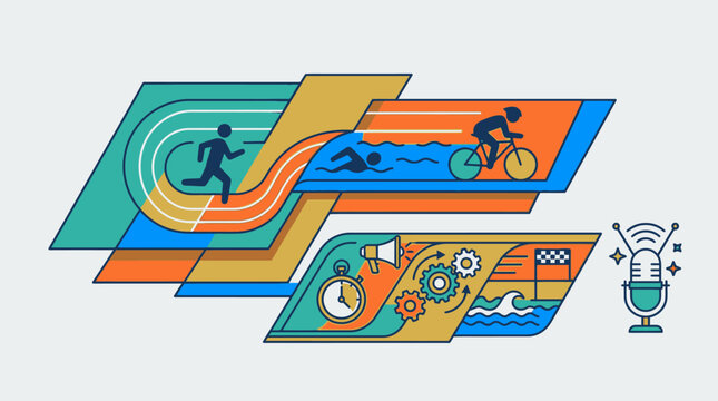 Illustration vectorielle moderne repr&eacute;sentant un triathlon avec des ic&ocirc;nes de course, natation, cyclisme, chronom&egrave;tre, engrenages et ligne d'arriv&eacute;e dans un style graphique plat et color&eacute;.